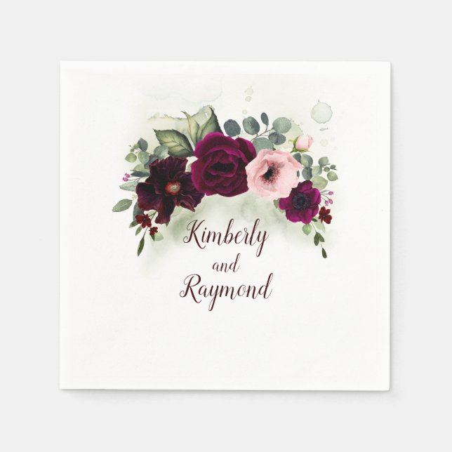 Watercolor Greenery and Red Flowers Bouquet Chic Napkins (Front)