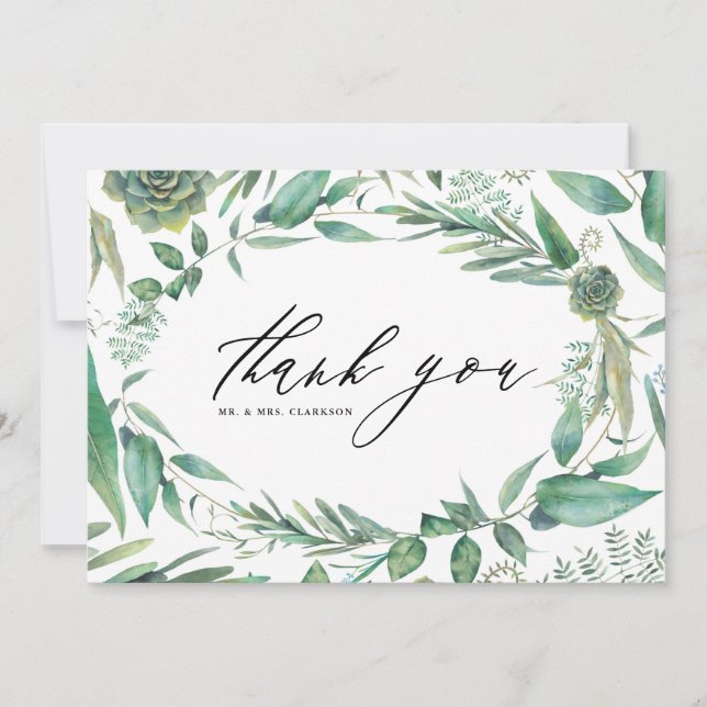 Watercolor Greenery and Succulents Frame Wedding Thank You Card (Front)
