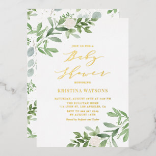 Watercolor Greenery and White Floral Baby Shower Foil Invitation