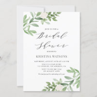 Watercolor Greenery and White Floral Bridal Shower Invitation