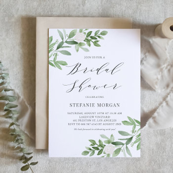 Watercolor Greenery And White Floral Bridal Shower Invitation by misstallulah at Zazzle