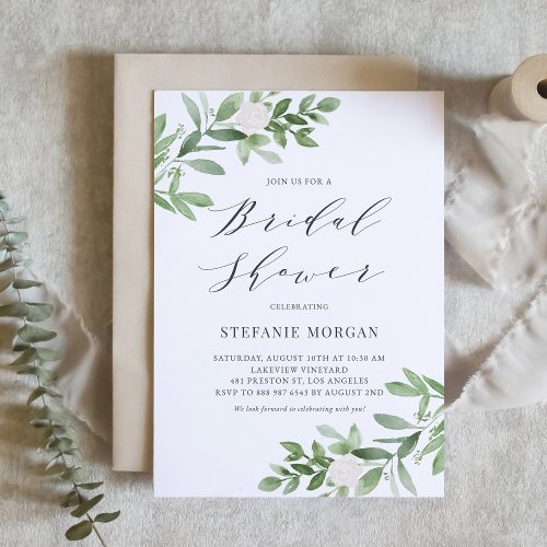 Watercolor Greenery and White Floral Bridal Shower Invitation