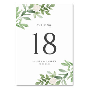 Watercolor Greenery and White Floral Gray Wedding Table Number