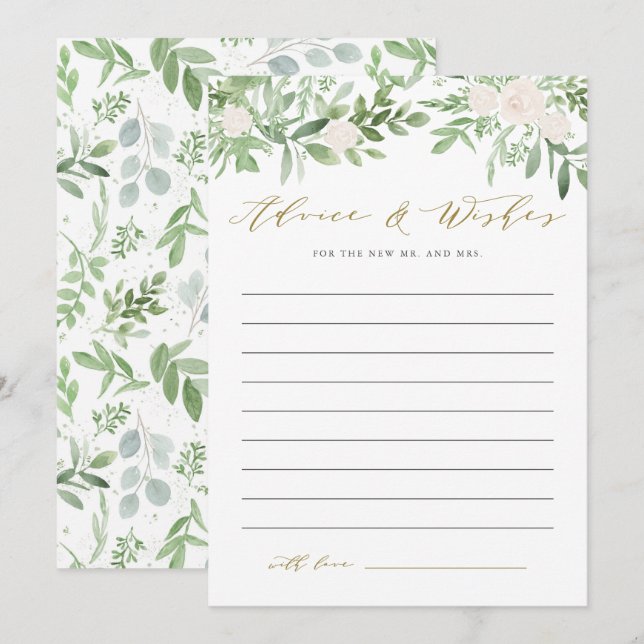 Watercolor Greenery and White Flower Wedding Advice Card (Front/Back)