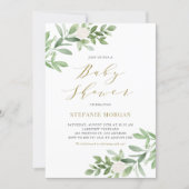 Watercolor Greenery and White Flowers Baby Shower Invitation (Front)