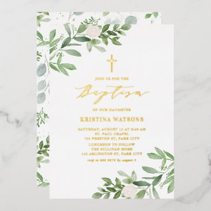 Watercolor Greenery and White Flowers Baptism Foil Invitation