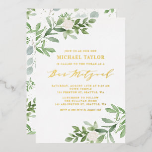 Watercolor Greenery and White Flowers Bar Mitzvah Foil Invitation