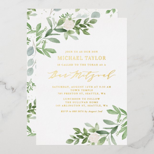 Watercolor Greenery and White Flowers Bar Mitzvah Foil Invitation (Front/Back)