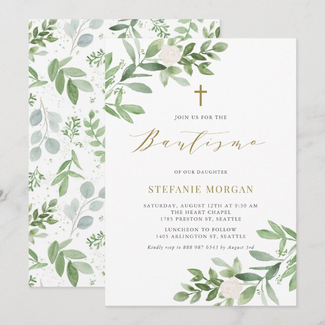Watercolor Greenery and White Flowers Bautismo Invitation (Front/Back)