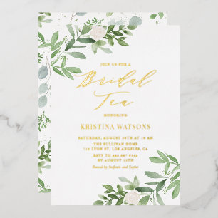 Watercolor Greenery and White Flowers Bridal Tea Foil Invitation