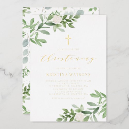 Watercolor Greenery and White Flowers Christening Foil Invitation