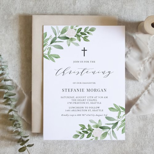 Watercolor Greenery and White Flowers Christening Invitation