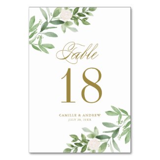 Watercolor Greenery and White Flowers Gold Table Number