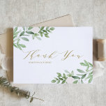 Watercolor Greenery and White Flowers Gold Wedding Thank You Card<br><div class="desc">Send thanks with this greenery thank you flat card. It features watercolour illustrations of foliage and white flowers with gold script. Personalize by adding your details. This greenery thank you card is perfect for spring weddings,  graduations,  baby showers,  bridal showers,  and so much more. Matching items are available.</div>