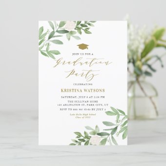 Watercolor Greenery and White Flowers Graduation Invitation | Zazzle