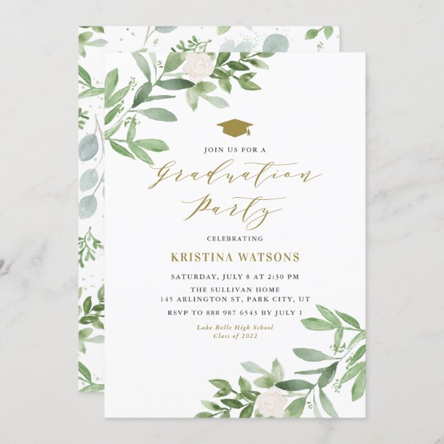 Watercolor Greenery and White Flowers Graduation Invitation (Front/Back)