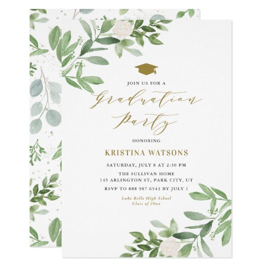 Watercolor Greenery and White Flowers Graduation Invitation