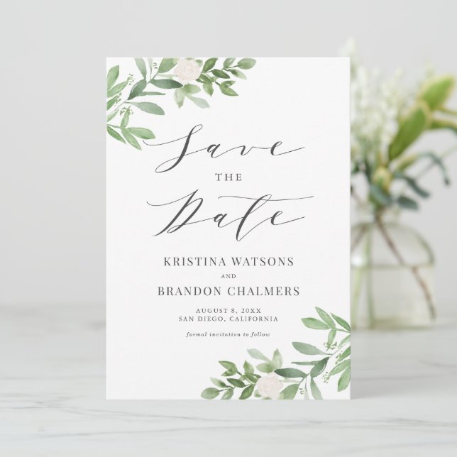 Watercolor Greenery and White Flowers Gray Save The Date (Standing Front)
