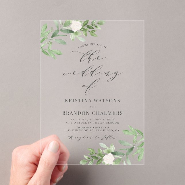 Watercolor Greenery and White Flowers Gray Wedding Acrylic Invitations (Insitu (Handheld))