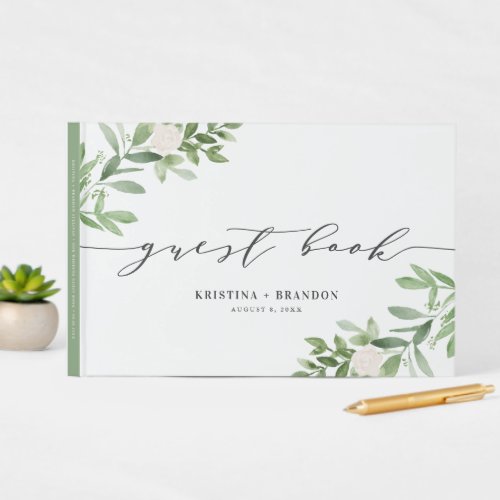 Watercolor Greenery and White Flowers Gray Wedding Guest Book