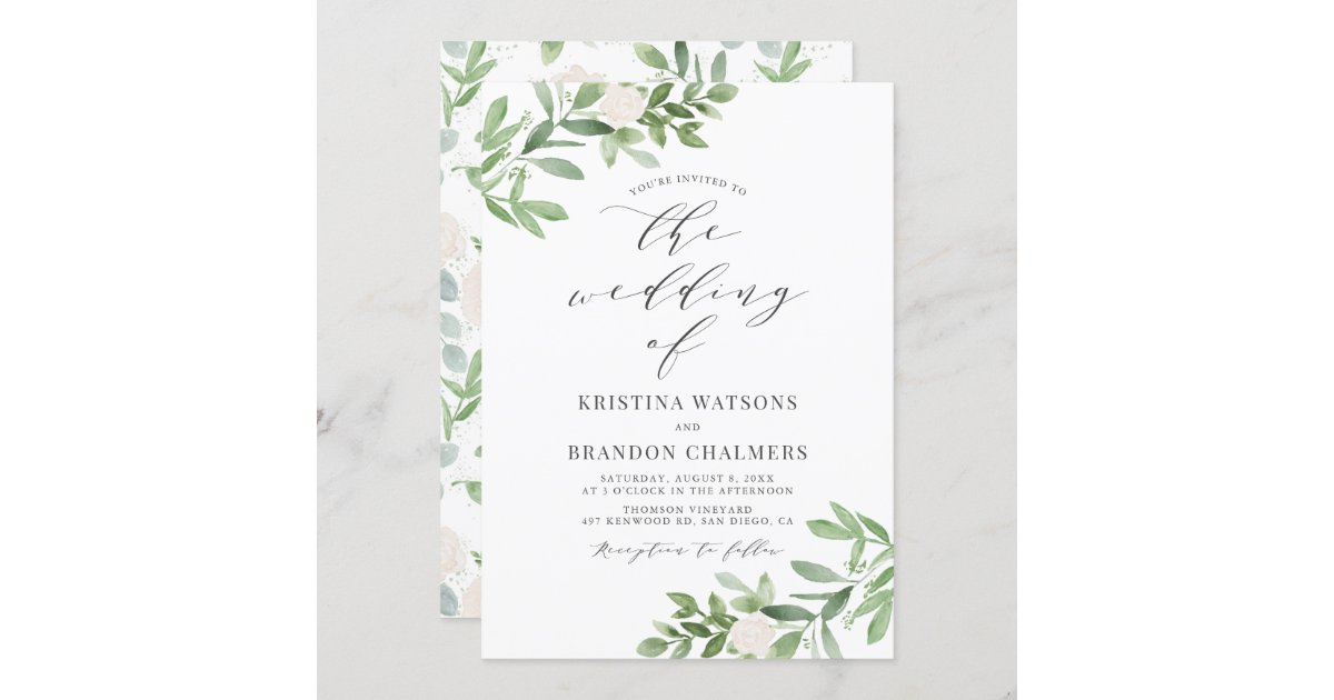 Watercolor Greenery and White Flowers Gray Wedding Invitation | Zazzle