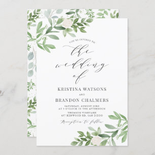 Watercolor Greenery and White Flowers Gray Wedding Invitation
