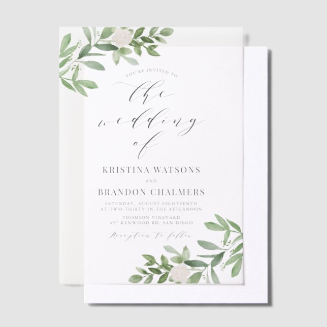 Watercolor Greenery and White Flowers Gray Wedding Vellum Invitations (Offset)
