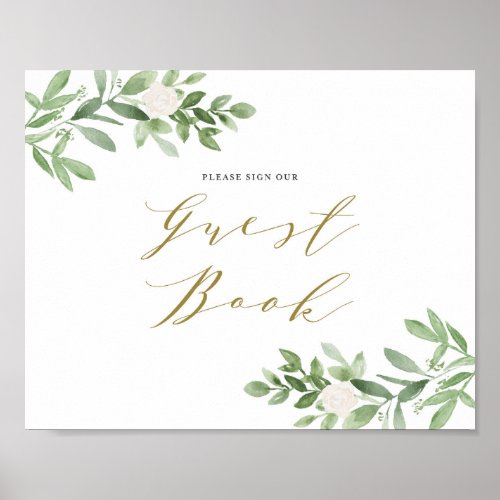 Watercolor Greenery and White Flowers Guest Book