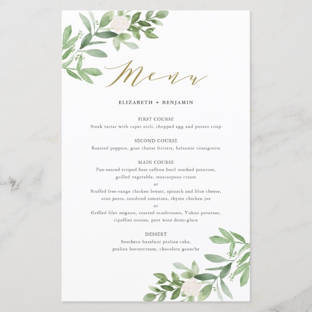 Watercolor Greenery and White Flowers Menu Card (Front)