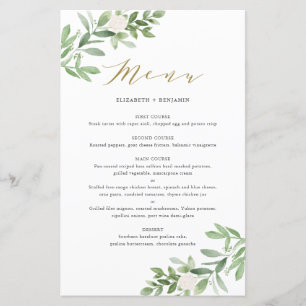 Watercolor Greenery and White Flowers Menu Card