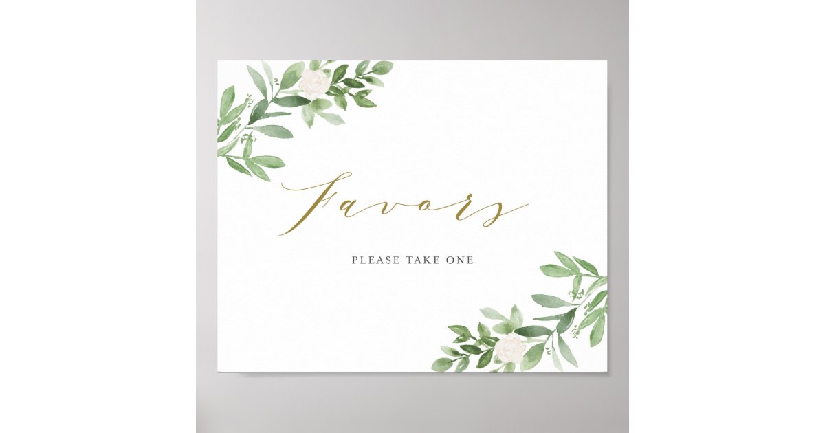 Watercolor Greenery and White Flowers Party Favors Poster | Zazzle