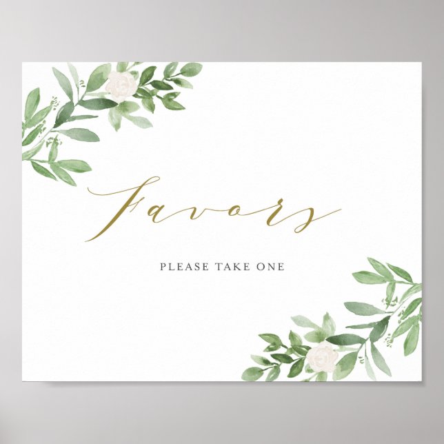 Watercolor Greenery and White Flowers Party Favors Poster (Front)