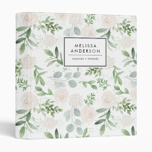 Watercolor Greenery and White Flowers Pattern 3 Ring Binder