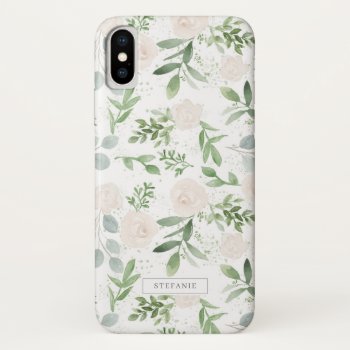 Watercolor Greenery And White Flowers Pattern Iphone X Case by KeikoPrints at Zazzle