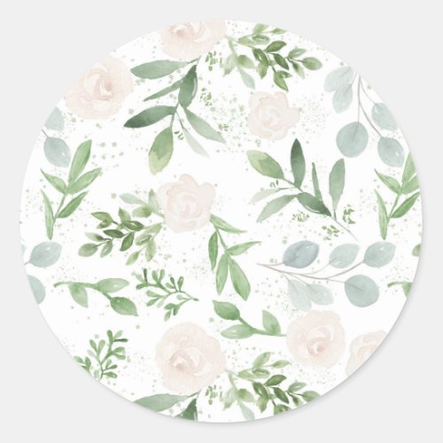 Watercolor Greenery and White Flowers Pattern Classic Round Sticker