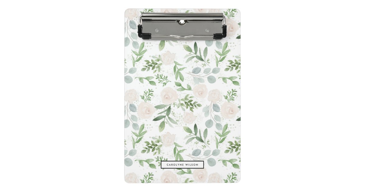Watercolor Greenery and White Flowers Pattern Mini Clipboard | Zazzle