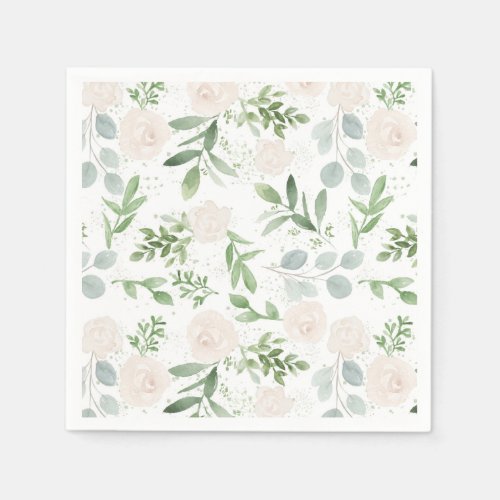 Watercolor Greenery and White Flowers Pattern Napkins