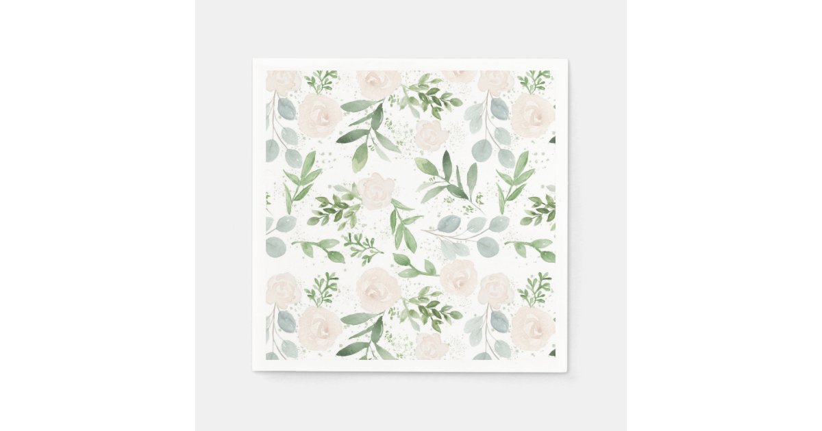 Watercolor Greenery and White Flowers Pattern Napkins | Zazzle