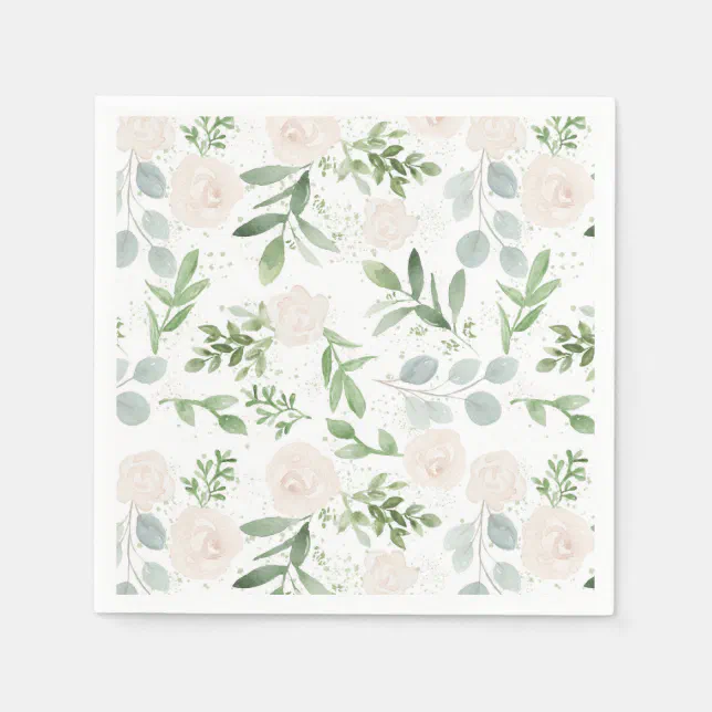 Watercolor Greenery and White Flowers Pattern Napkins | Zazzle