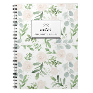 Watercolor Greenery and White Flowers Pattern Notebook