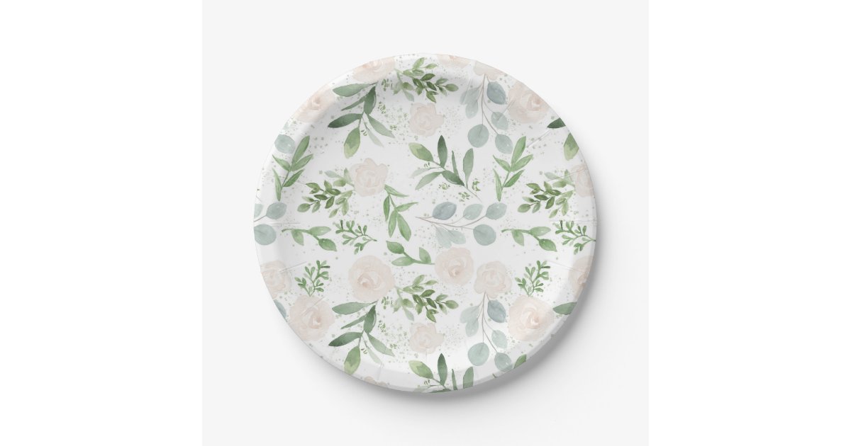 Watercolor Greenery and White Flowers Pattern Paper Plates | Zazzle