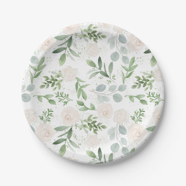 Watercolor Greenery and White Flowers Pattern Paper Plates (Front)