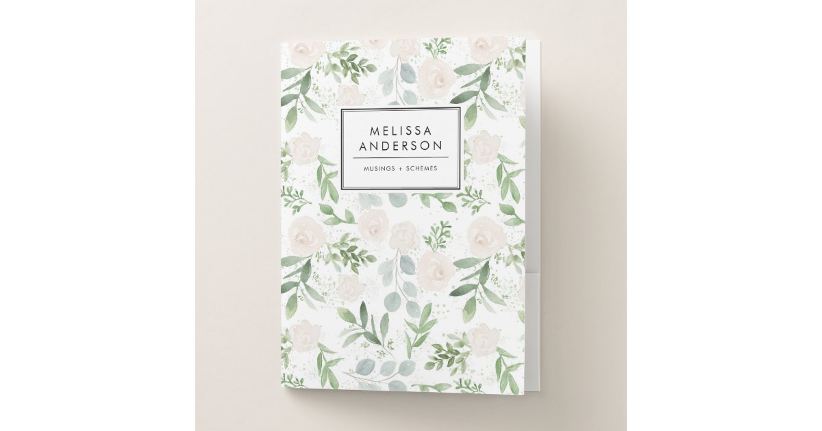 Watercolor Greenery and White Flowers Pattern Pocket Folder | Zazzle