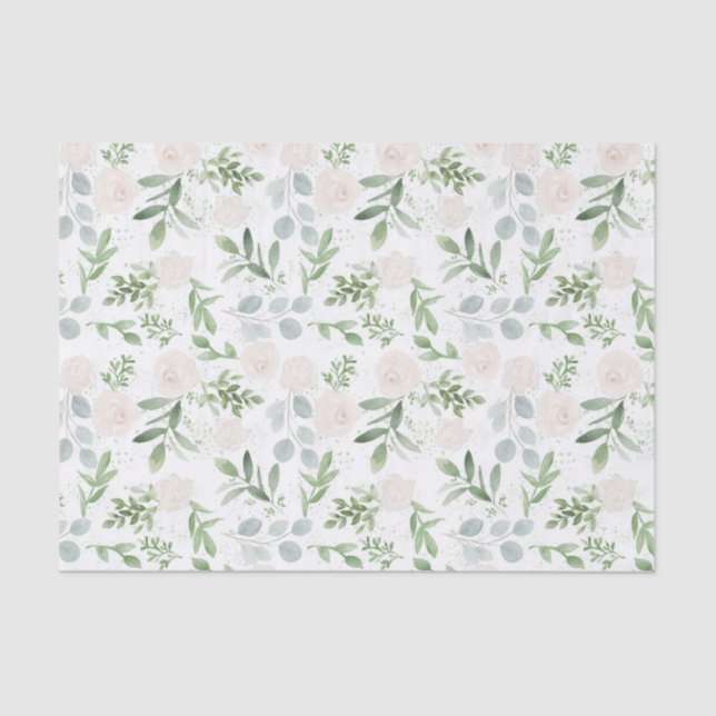 Watercolor Greenery and White Flowers Pattern Tissue Paper (Front)