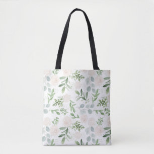 Watercolor Greenery and White Flowers Pattern Tote Bag