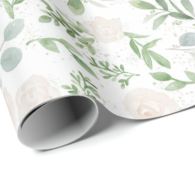 Watercolor Greenery and White Flowers Pattern Wrapping Paper (Roll Corner)