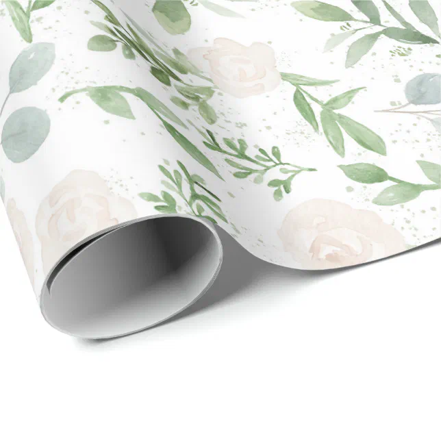 Watercolor Greenery and White Flowers Pattern Wrapping Paper | Zazzle