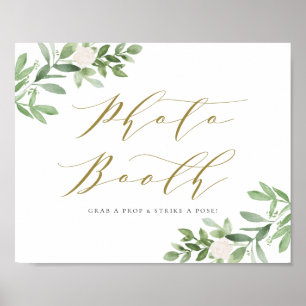 Watercolor Greenery and White Flowers Photo Booth Poster
