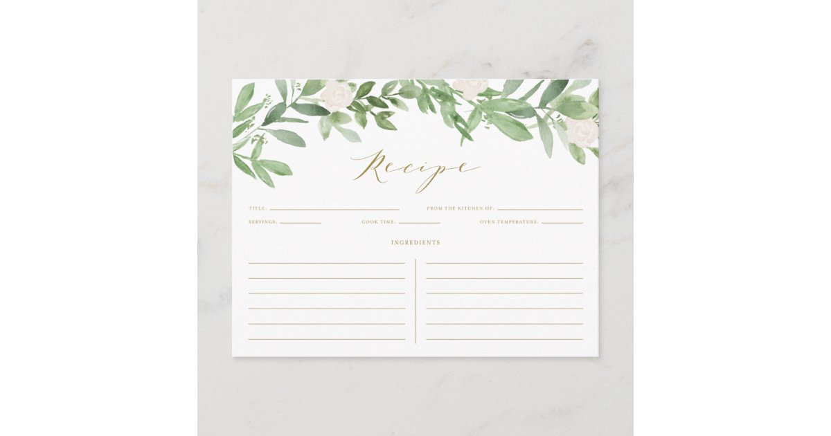 Watercolor Greenery and White Flowers Recipe Card | Zazzle