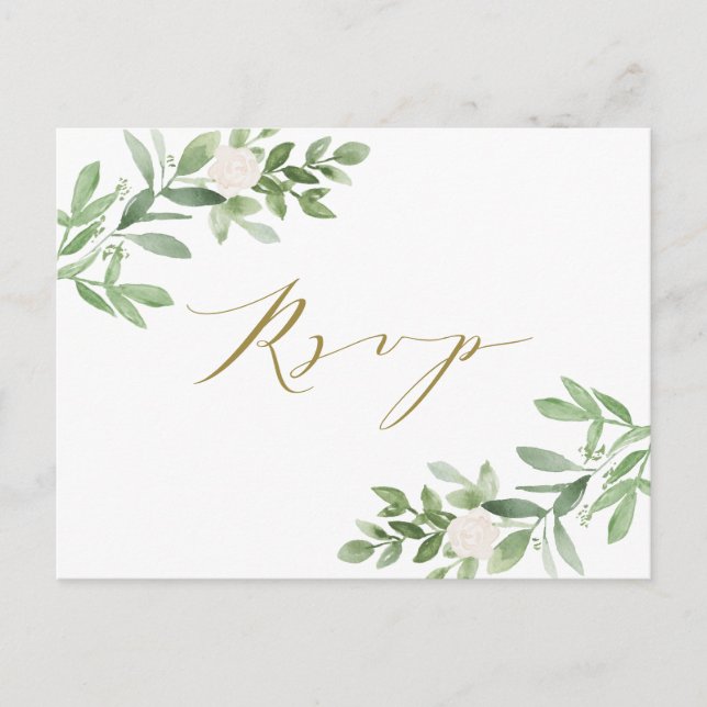 Watercolor Greenery and White Flowers RSVP Invitation Postcard (Front)